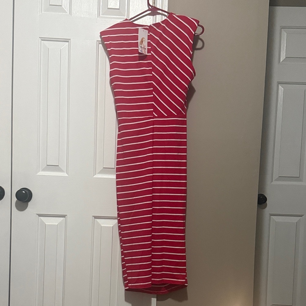 Elegant Red and White Striped Midi Dress NWT size Large - Picture 2 of 6